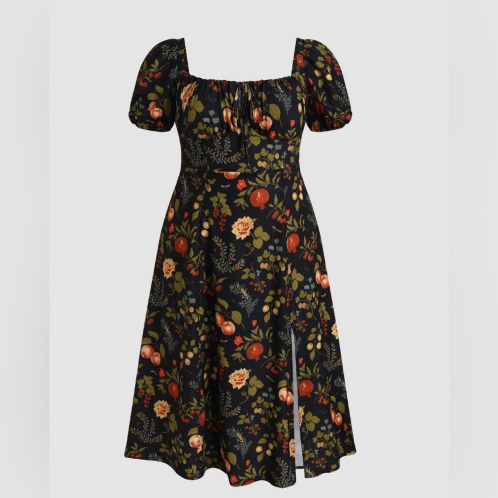 FRUIT SQUARE NECK PUFF SLEEVE MIDI DRESS